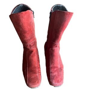 Aquatalia Wedge Boots Red Suede Side Zip Mid Calf Size 7.5
